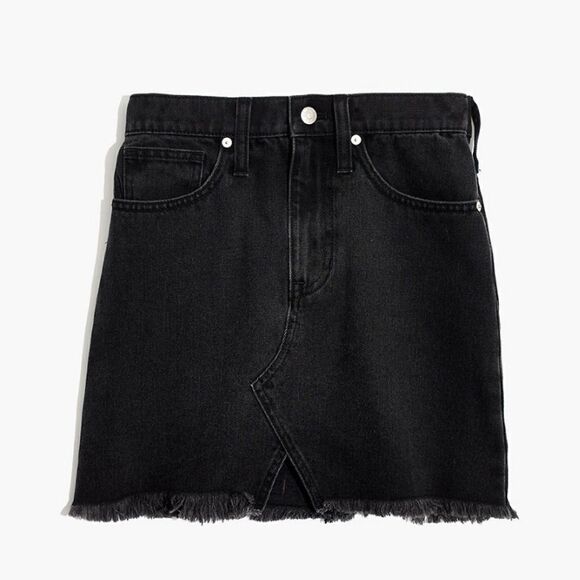 Madewell A Line Raw Hem Notched Cutout Black Denim Jean Mini Skirt Size 26 - Picture 3 of 16